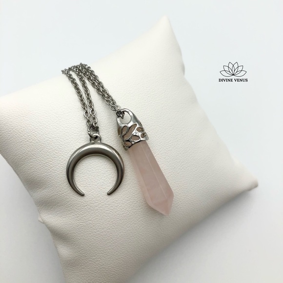 Rose Quartz Crescent Moon Layered Necklace - Picture 5 of 15